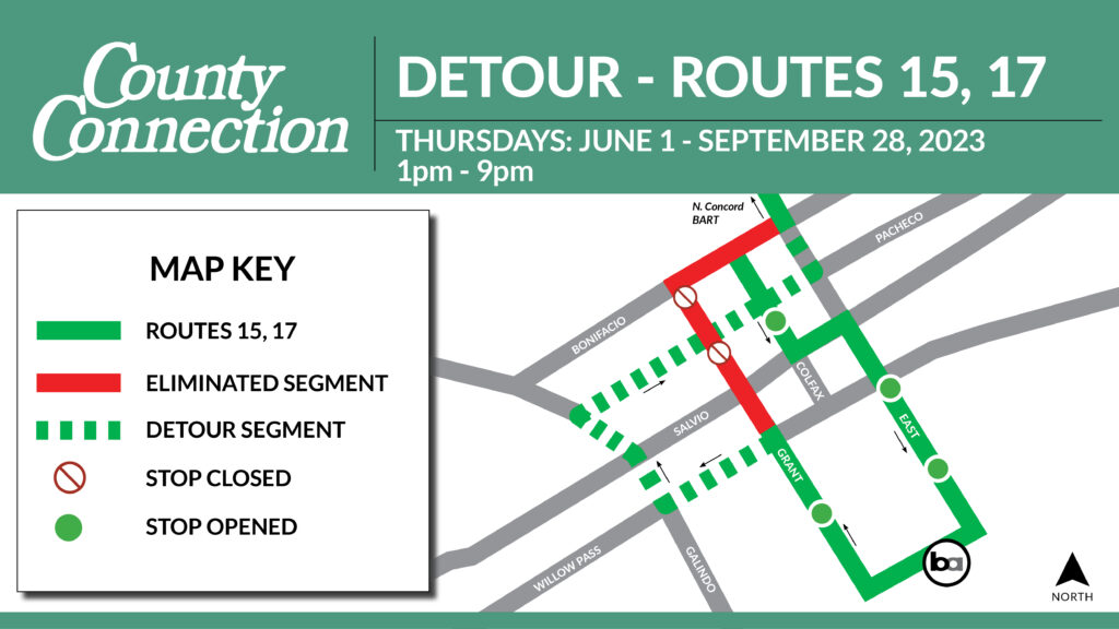 Map shows detour. Stops at Grant/Pacheco and Grant/Bonifacio will be missed.