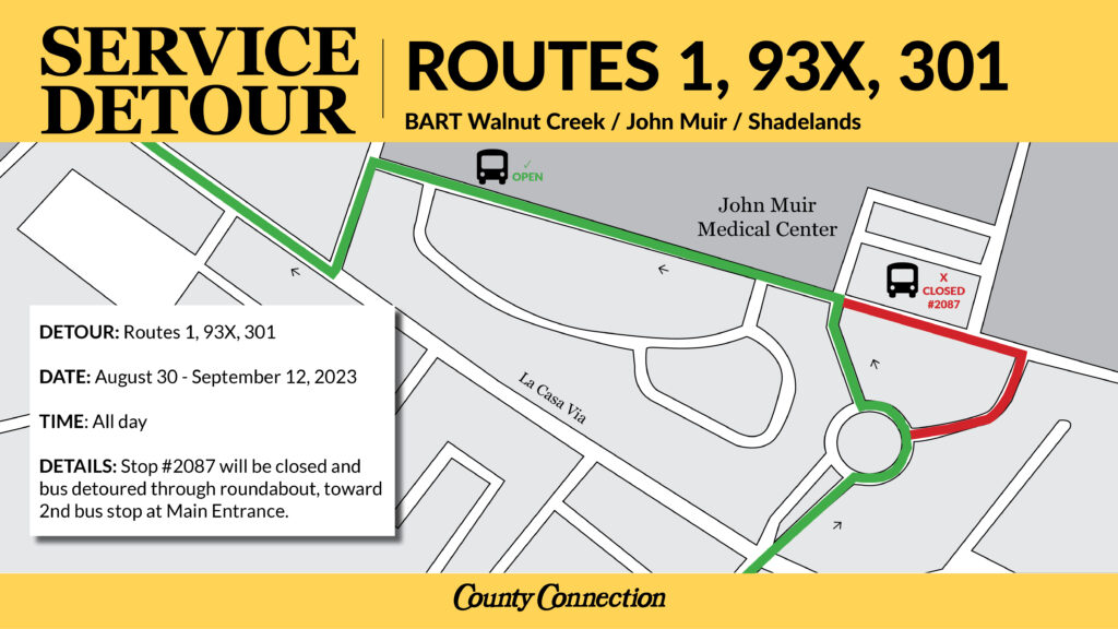 First stop at John Muir (stop #2087) will be closed. Use the bus stop at the main entrance. August 30 to September 12, 2023.