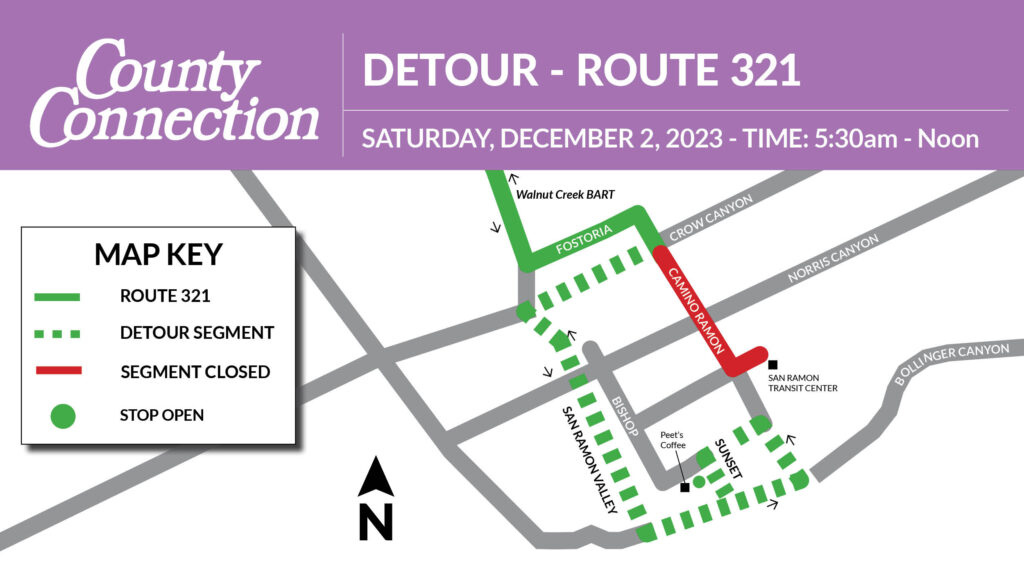 Detour map route 321. Use stop at Sunset/Bishop.
