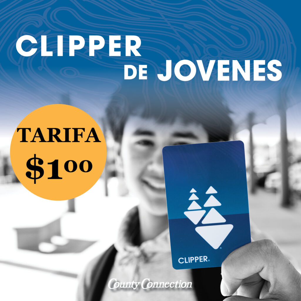 Image of a male youth holding up a Clipper card for Clipper Youth, $1.00 per ride. 